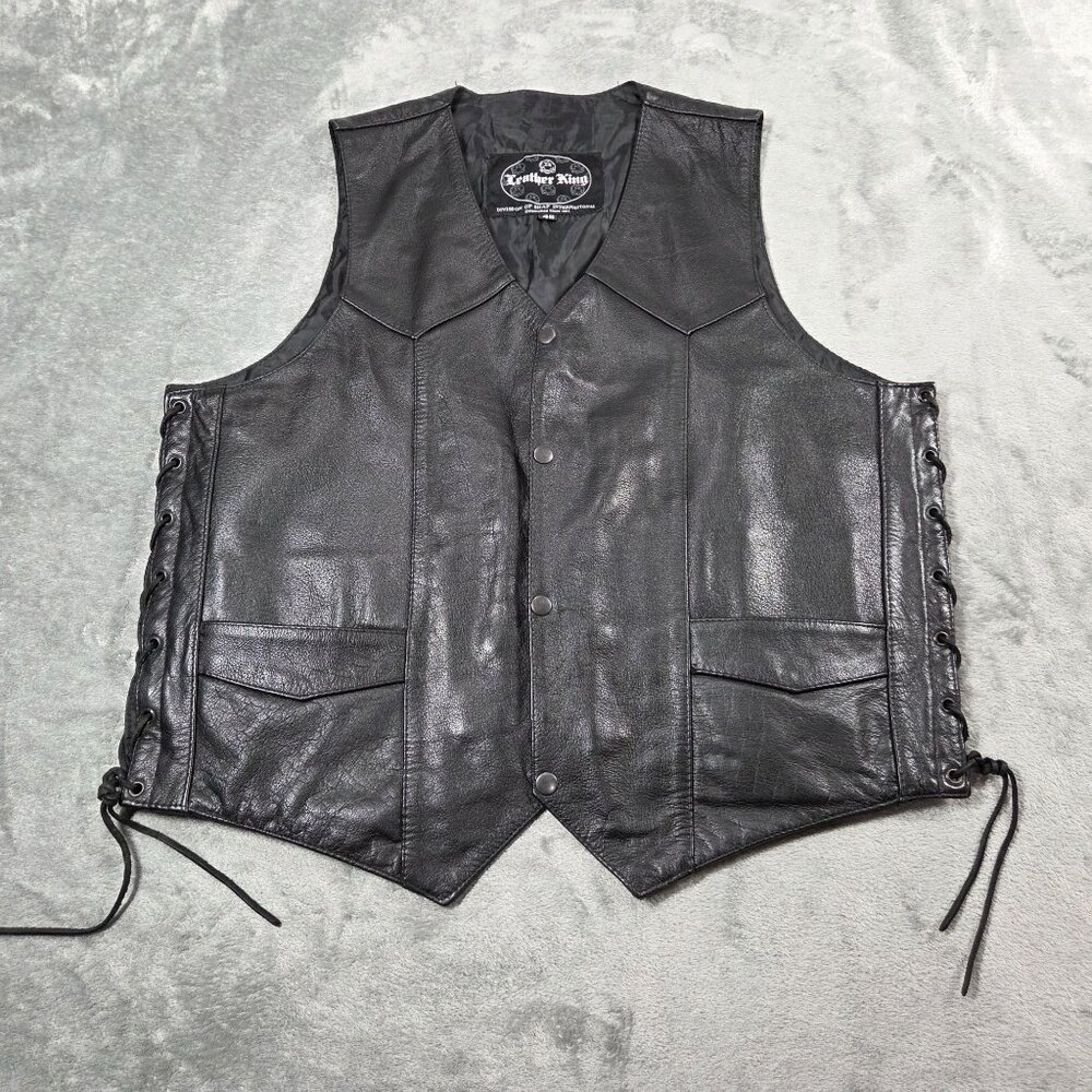 Leather King Vest Mens 46 Black Leather Biker Motorcycle Concealed Carry Western